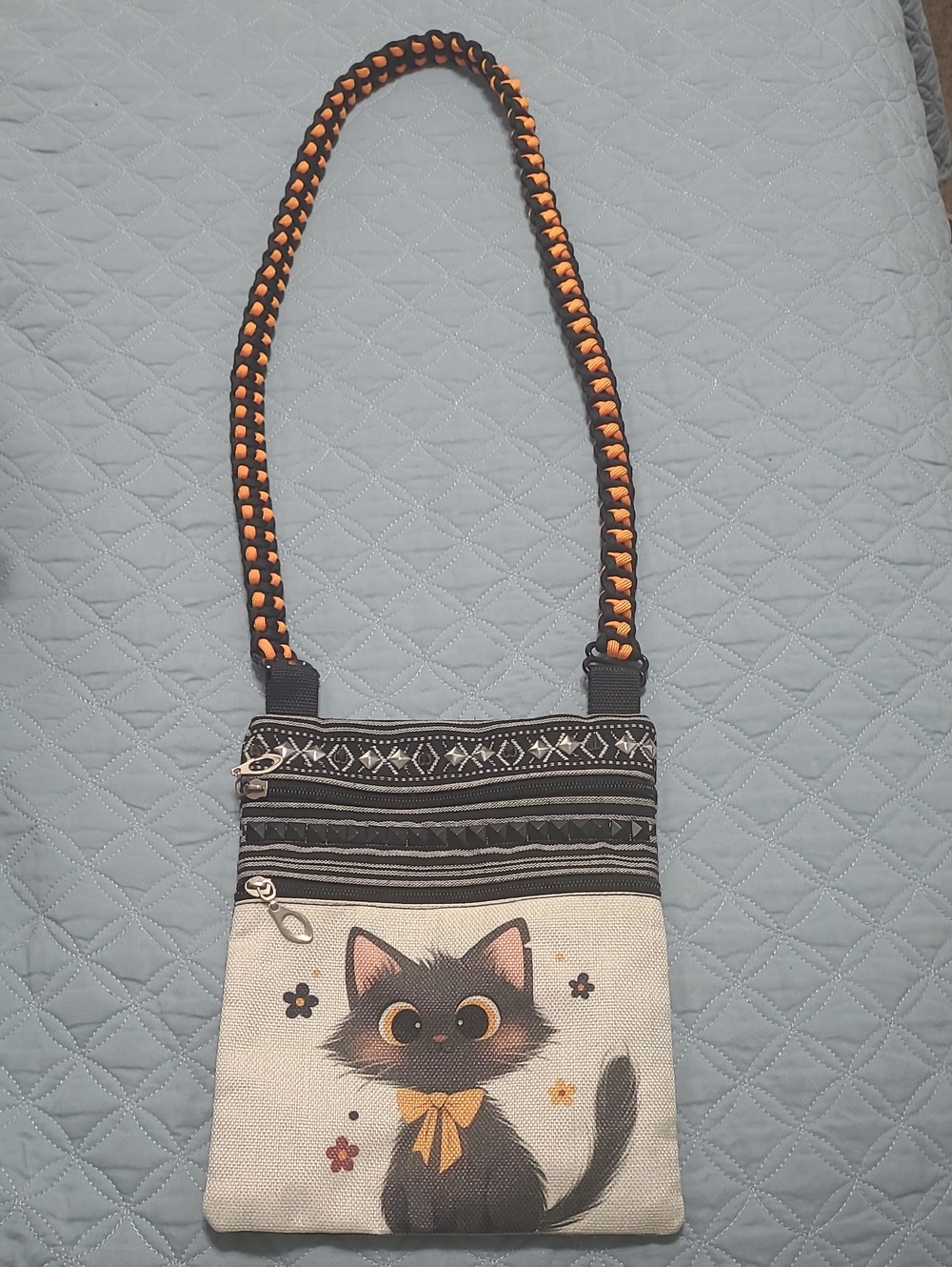 Black Cat Crossbody Bag with Orange Accent Strap